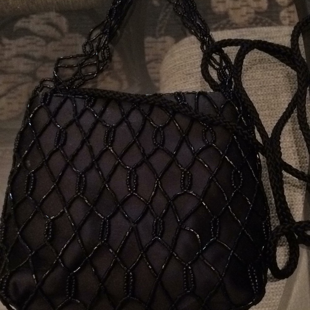 Small black satin beaded evening bag